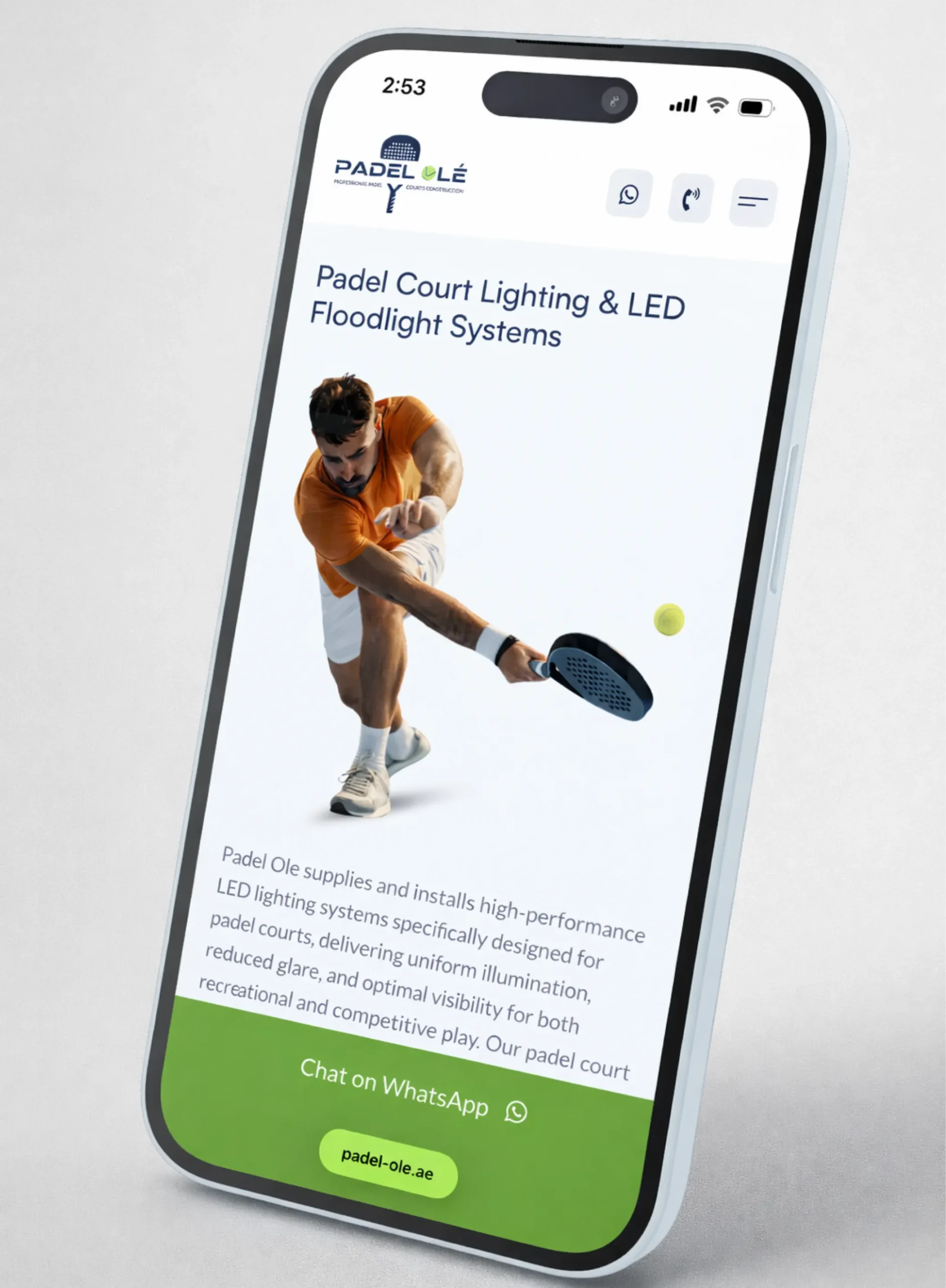 Padel Olé UAE padel and tennis court construction website mockup